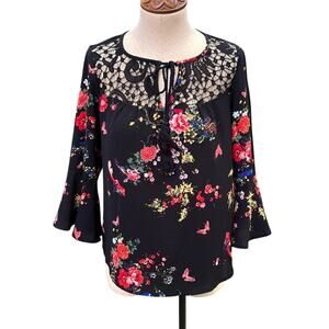 Lily White Black Multicolored Floral Butterfly Bell Sleeve Chiffon Blouse Medium